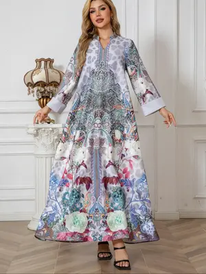 Women's All Over Print Faux Pearl Decor Dress, Elegant Long Sleeve Arabic Clothing, Ladies Islamic Clothing for All Seasons, ...