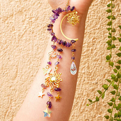 Teardrop Star Glass & Natural Amethyst Chips Moon Pendant Decorations
