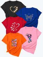 Women's Butterfly & Letter Print Round Neck Tee, Casual Short Sleeve Crew Neck T-shirt for Daily Wear, Ladies Sportswear for ...