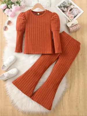 Two-Piece Set Girl's Solid Leg-of-mutton Sleeve Top & Flare Leg Pants, Casual Fashion Cozy Outfits for Daily Outdoor Wear, Gi...