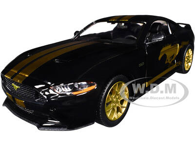 2018 Ford Mustang GT 5.0 Black with Gold Stripes and Graphics Midnight Eclipse Series 1/24 Diecast Model Car by Motormax