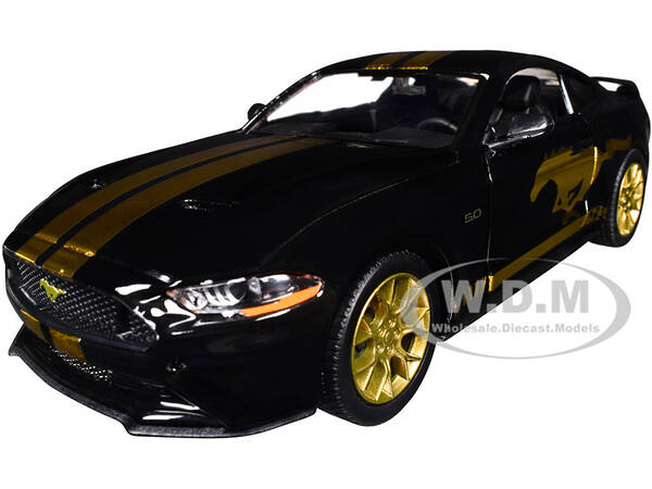 2018 Ford Mustang GT 5.0 Black with Gold Stripes and Graphics Midnight Eclipse Series 1/24 Diecast Model Car by Motormax