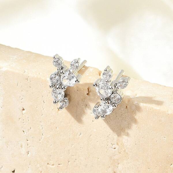 Brass Micro Pave Clear Cubic Zirconia Stud Earrings