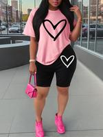 Two-piece Set Women's Heart Print Tee & Skinny Shorts, Casual Short Sleeve T-shirt & Shorts for Daily Outdoor Wear, Ladies Tw...