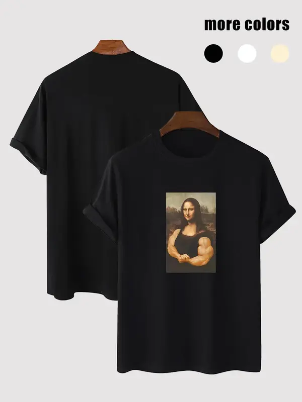 Men's Regular Fit Round Neck Tee, Graphic Tee, Mona Lisa Print Top, Casual Short Sleeve Crew Neck T-Shirt for Summer