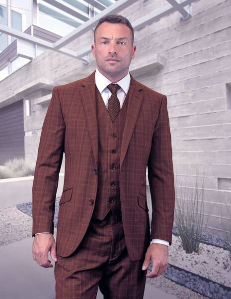 Statement Men's 100% Wool 3 Piece Suit - Light Plaid Outlet
