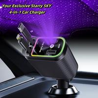 W&O 4-in-1 Fast Charging Retractable Car Charger: Starlight Roof Projector with Red and Blue Light, 31-inch Retractable Cable...