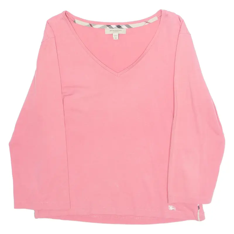 BURBERRY Womens T-Shirt Pink 3/4 Sleeve V-Neck S