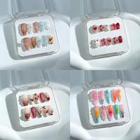 P41 - P54 Handmade Press on Nails Coffin Almond bubble bath luxury Creative design Medium Hand drawn False Nails Short Almond...