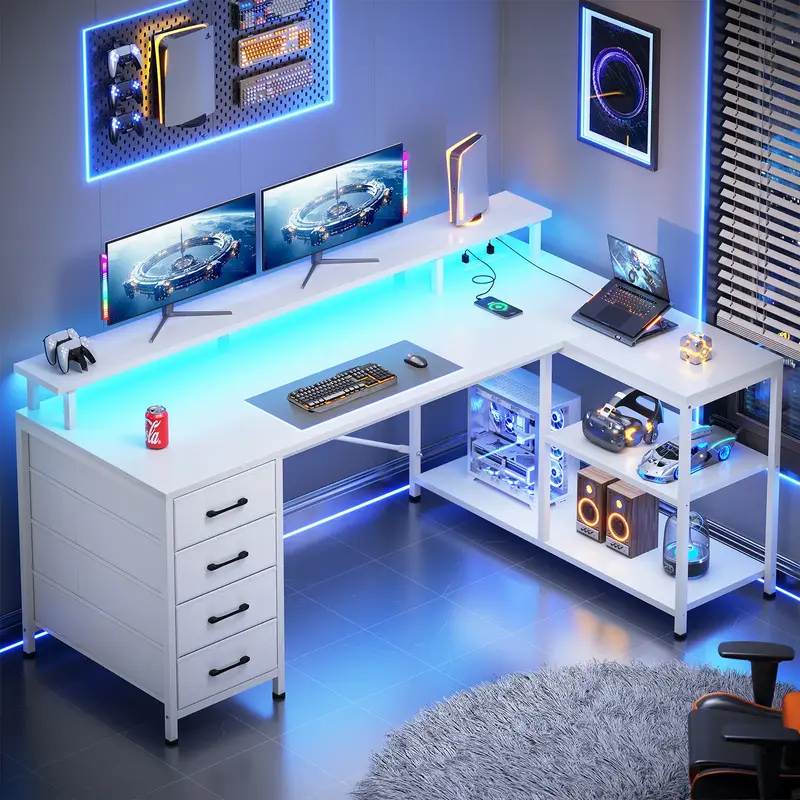 SEDETA 47.2 Inch L Shaped Desk with 4 Drawers and Storage Shelves L Shaped Gaming Desk with LED Lights Power Outlets