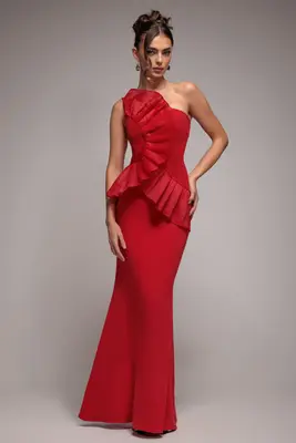 Goddiva One Shoulder Pleated Fan Maxi Dress - Red