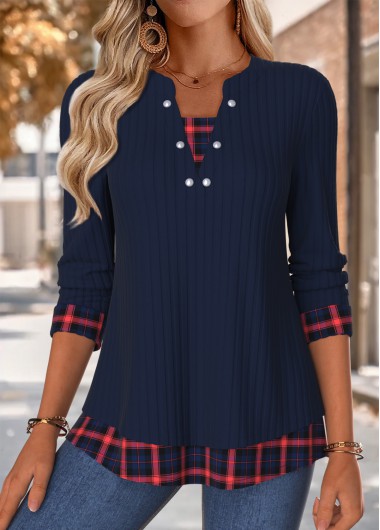 Modlily Navy Tummy Coverage Plaid 3/4 Sleeve Split Neck Blouse - M
