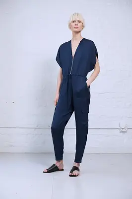 Pamela V-Neck Satin Jumpsuit | Size: Large | Color: Navy