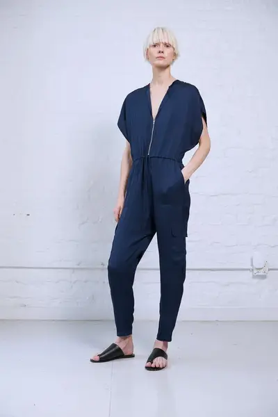 Pamela V-Neck Satin Jumpsuit | Size: Large | Color: Navy