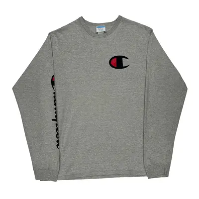 Champion Spellout Long Sleeve T-Shirt - 2XL Grey Cotton Blend