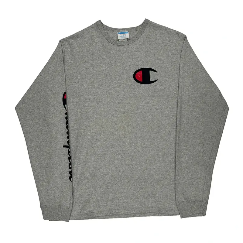 Champion Spellout Long Sleeve T-Shirt - 2XL Grey Cotton Blend