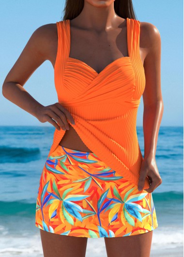 Modlily Mid Waisted Leaf Print Orange Tankini Set - XXL