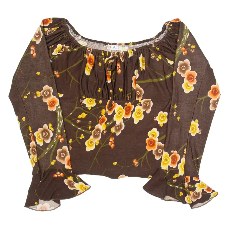D&T FASHIONS Off Shoulder Womens Printed Top Brown Long Sleeve Floral S