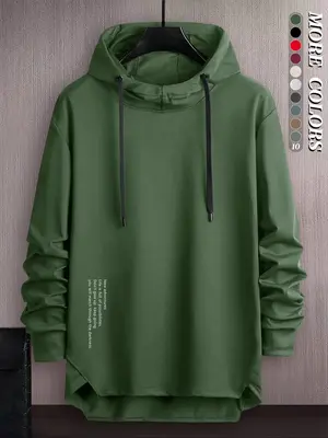 Men's Letter Print Asymmetrical Hem Essentials Hoodie, Loose Fashion Drop Shoulder Drawstring Pullover Top