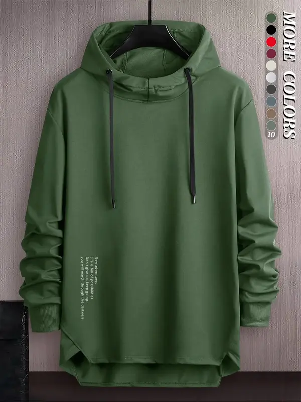 Men's Letter Print Asymmetrical Hem Essentials Hoodie, Loose Fashion Drop Shoulder Drawstring Pullover Top