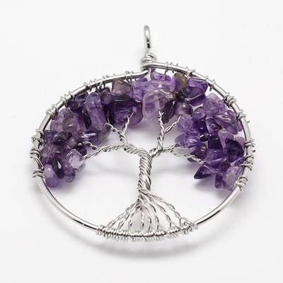 Tree of Life Natural Amethyst Bead Brass Wire Wrapped Big Pendants