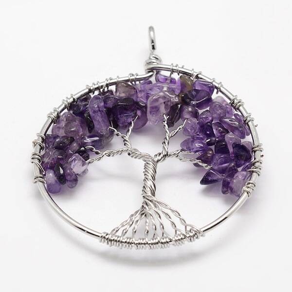 Tree of Life Natural Amethyst Bead Brass Wire Wrapped Big Pendants