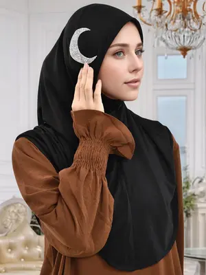 Women's Plain Rhinestone Decor Crescent Moon Design Hijab, Modest Casual Instant Hijab for Daily Wear, Fashion Muslim Clothin...