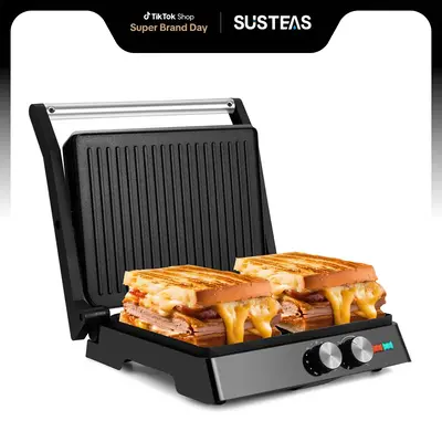 SUSTEAS Indoor Electric Grill -Panini Grill with Non-Stick Cooking Plate, Gourmet Grill with 180 Degrees of Adjustability, wi...