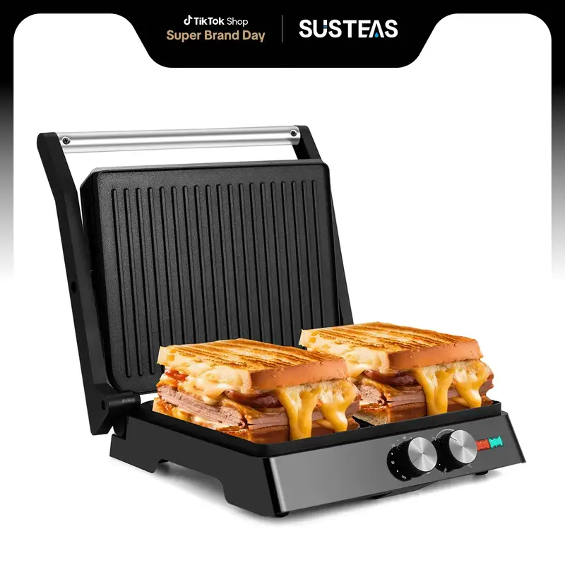 SUSTEAS Indoor Electric Grill -Panini Grill with Non-Stick Cooking Plate, Gourmet Grill with 180 Degrees of Adjustability, wi...