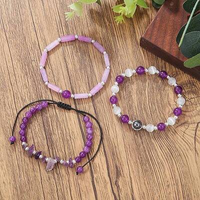 Natural Amethyst with Cat Eye Stone Bracelet Set for Women