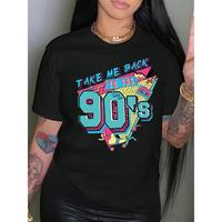 Plus Size 'Take Me Back to the 90s' Graphic Tee - Women's Retro-Inspired Casual Black T-Shirt with Colorful Geometric Design,...
