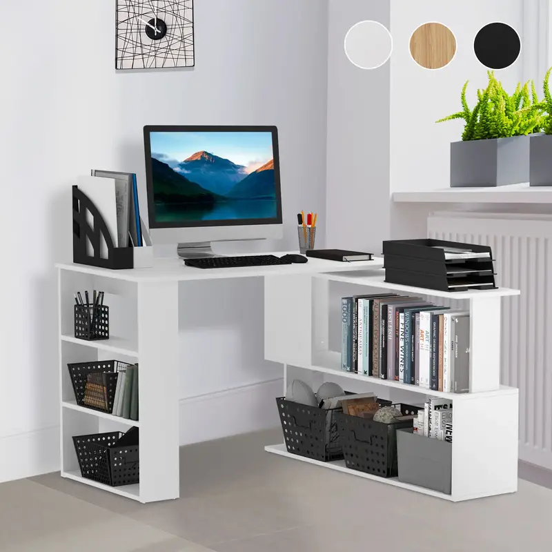 HOMCOM L Shaped Desk, Corner Computer Desk with Storage Shelves, Writing Table for Home Office, Study