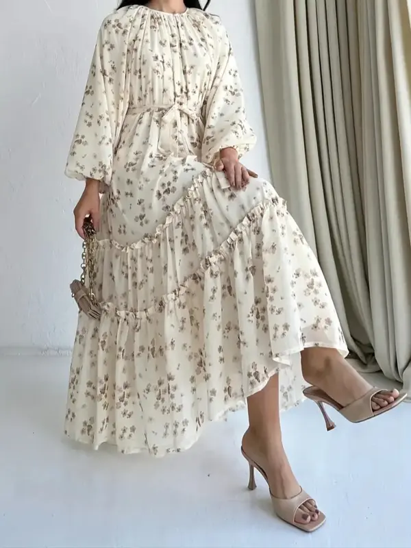 Elegant Long Sleeve Floral Loose Fit Women's Arab Dress, Woven Fabric, Plain Pattern, Moderate Thickness, All Seasons Wear