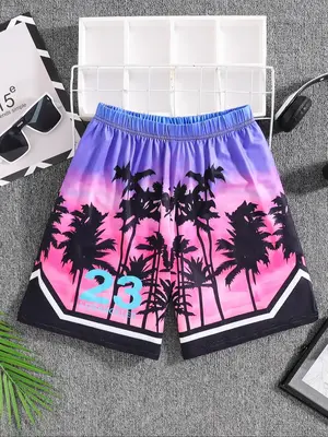 Boy's Letter & Palm Tree Print Quick Drying Shorts, Casual Breathable Comfortable Shorts for Outdoor Basketball Training, Sum...