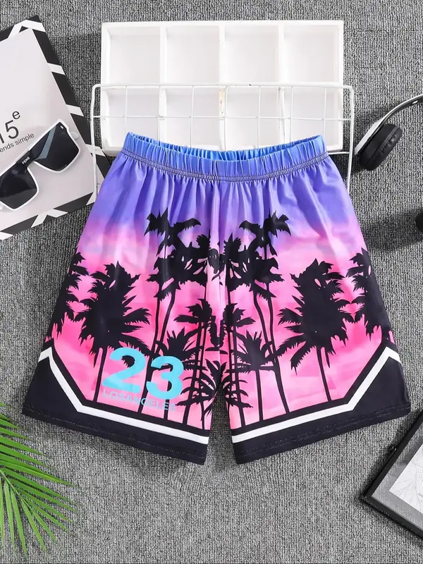 Boy's Letter & Palm Tree Print Quick Drying Shorts, Casual Breathable Comfortable Shorts for Outdoor Basketball Training, Sum...