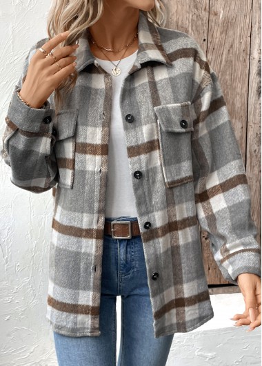 Modlily Grey Tummy Coverage Plaid Long Sleeve Coat - L