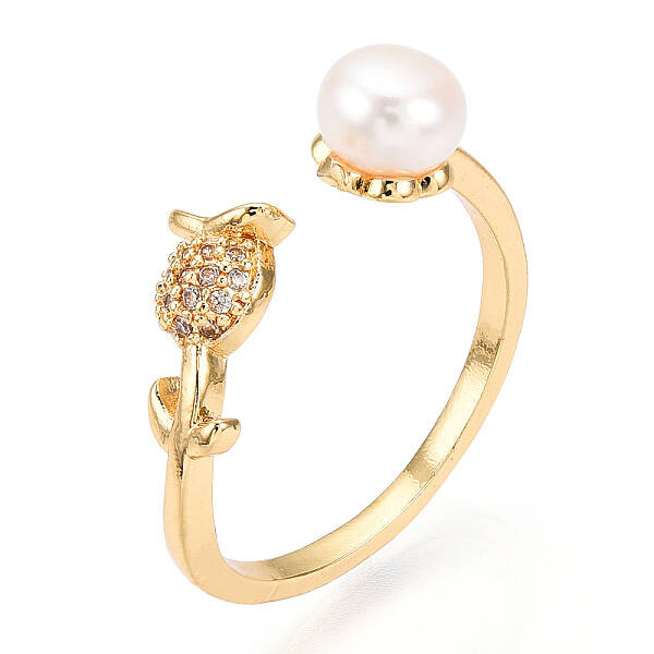Natural Pearl Open Cuff  Ring Micro Pave Clear Cubic Zirconia