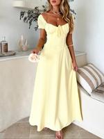 Women's Plain Lace Up Puff Sleeve A Line Maxi Dress, Feminine Elegant Minimalist Chic Sweetheart Neck Short Sleeve Long Dress...