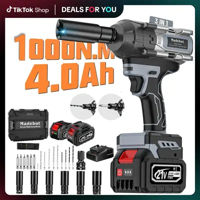 1000N.m Cordless Impact Wrench, All-Metal Cordless Impact Gun with 2 * 4.0Mah, 3-IN-1 Electric Impact Wrench with 5 Sleeves, ...