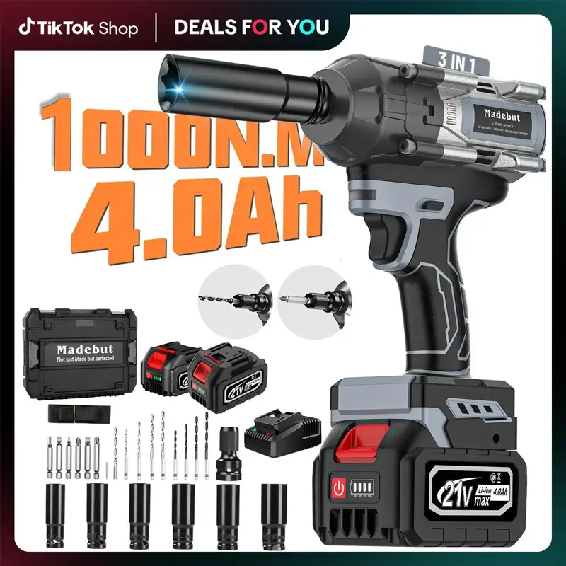 1000N.m Cordless Impact Wrench, All-Metal Cordless Impact Gun with 2 * 4.0Mah, 3-IN-1 Electric Impact Wrench with 5 Sleeves, ...