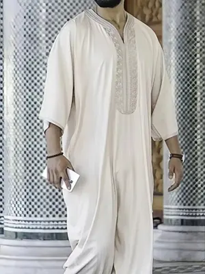 Men's Embroidery Trim V Neck Kimono Robe, Loose Casual Striped Trim 3/4 Sleeve Lounge Robe, Men's Islamic Clothing for Spring...