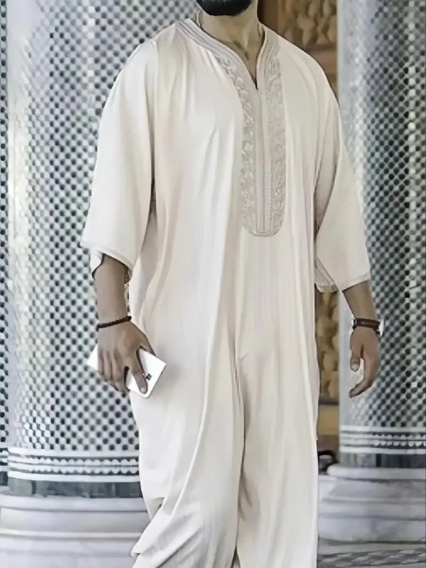 Men's Embroidery Trim V Neck Kimono Robe, Loose Casual Striped Trim 3/4 Sleeve Lounge Robe, Men's Islamic Clothing for Spring...