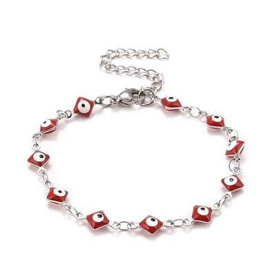 Enamel Rhombus with Evil Eye Link Chains Bracelet