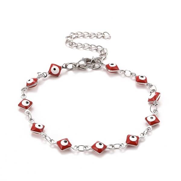 Enamel Rhombus with Evil Eye Link Chains Bracelet