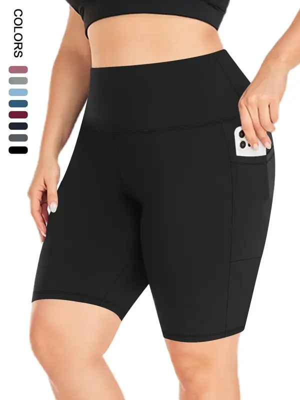 Plus Size Plain High Waist Pocket Design Skinny Shorts, Casual Comfy Breathable High Stretch Seamless Shorts for Daily Outdoo...