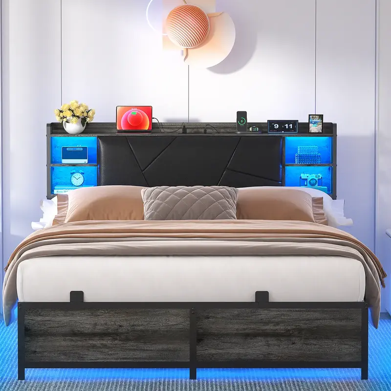 Homieasy Bed Frame with Charging Station and RGB LED Lights, Sturdy Platform Bed with Upholstered Storage Headboard, Solid Me...