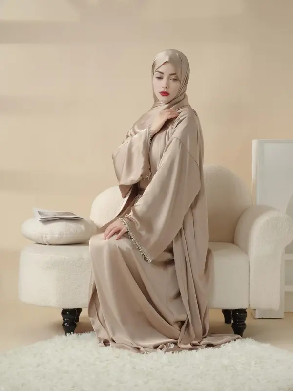 Three-piece Set Women's Solid Rhinestone Decor Fringe Trim Satin Abaya Set, Elegant Long Sleeve Abaya & Round Neck Tank Dress...