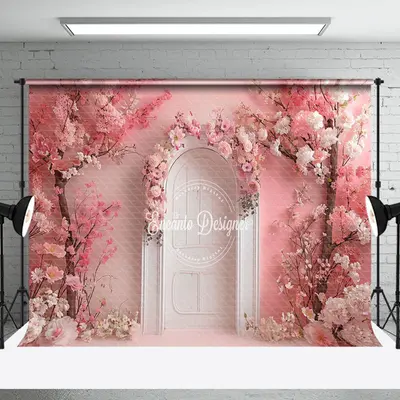 Pink Floral Trees White Arch Door Wedding Backdrop
