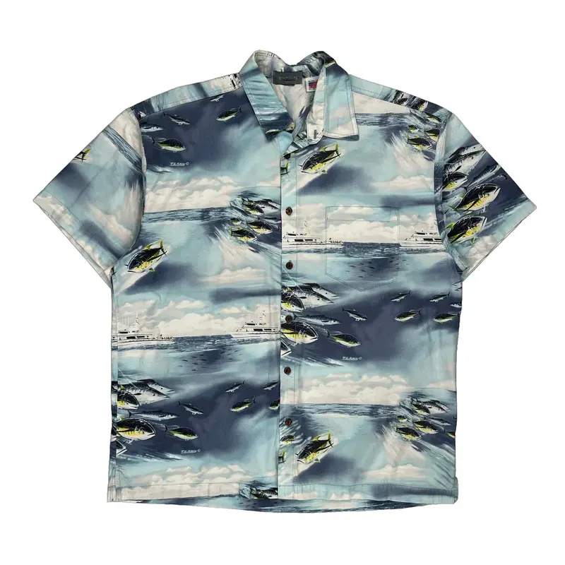 Made In Usa High Seas Graphic Hawaiian Shirt - 2XL Blue Cotton