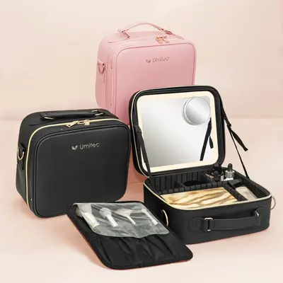 Umitec Portable Makeup Bag with LED Mirror & Adjustable Brightness, Large Capacity Cosmetic Organizer Case with Detachable St...